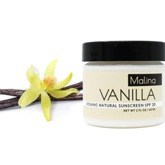Organic sunscreen jar with black lid and vanilla flower, Malina New York branding