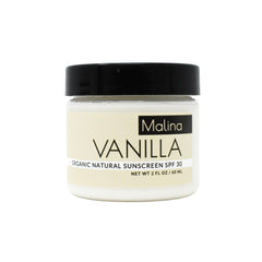 Sunscreen jar with black lid, white jar, and Malina Vanilla label.