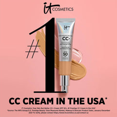 CC cream tube in silver and beige with "it cosmetics" logo on pink background
