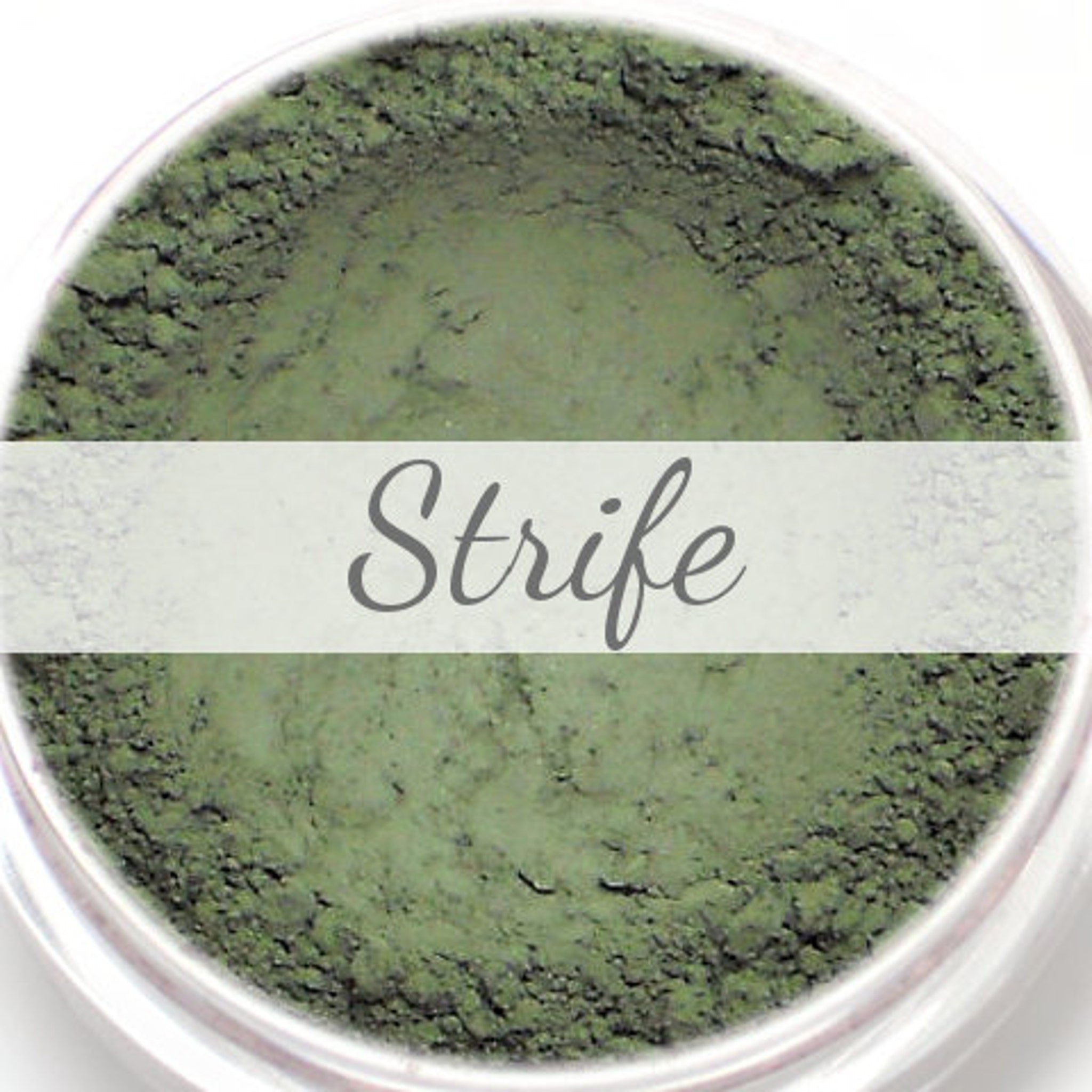 Eyeshadow, khaki green matte powder, "Strife" label, in clear jar