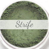 Eyeshadow, khaki green matte powder, "Strife" label, in clear jar
