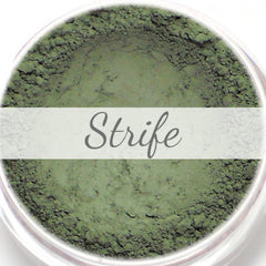 Eyeshadow, khaki green matte powder, "Strife" label, in clear jar