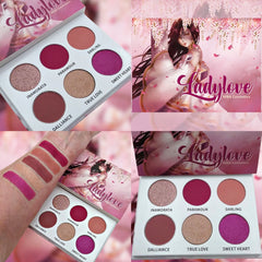 Eyeshadow palette with pink, red, and gold shades, "Ladylove" brand name visible, in a white palette case