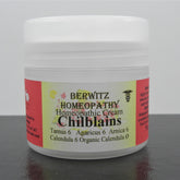 Chilblains Homeopathy Cream white plastic jar with red and yellow label, Berwitz Homeopathy brand