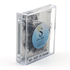 Eyelash extensions in clear plastic case with black lashes and Sen Lash label