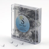 Premade eyelash fans, black synthetic fiber, in a clear plastic case, Sen Lash label visible