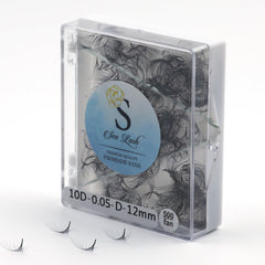 Premade eyelash fans, black synthetic fiber, in a clear plastic case, Sen Lash label visible