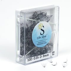 Promade fans in clear plastic case with black lashes, Sen Lash branding and white background