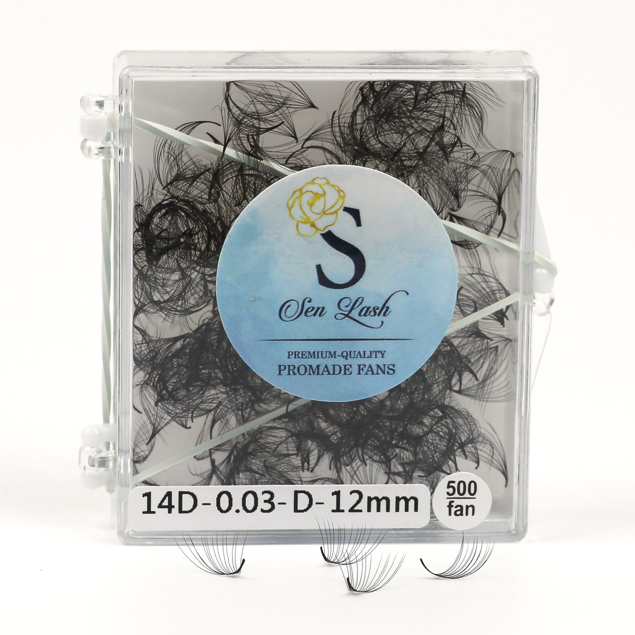 Premade eyelash extensions in clear case, black fans, Sen Lash branding visible