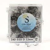 Premade eyelash extensions in clear case, black fans, Sen Lash branding visible