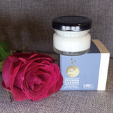 White plastic jar of 24H deep moisturizing day cream with minimalist silver lid and natural extracts label