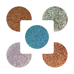 Eyeshadow palette with blue, copper, and silver glitter textures on white background