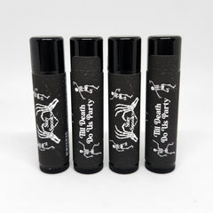 Lip balm tubes with black and white skeleton design, "Stay Spooky" and "Till Death Do Us Party" text