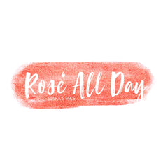 Rose All Day text on a red glittery background, white script font, Siara's Pics text below