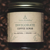Coffee scrub jar with gold lid, brown label, and Little Buddha text