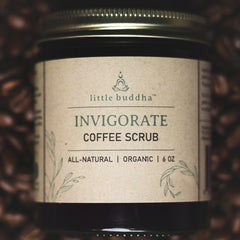 Coffee scrub jar with gold lid, brown label, and Little Buddha text