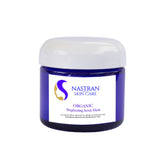 Facial cleanser jar with white lid, blue body, and Nastran Skin Care label