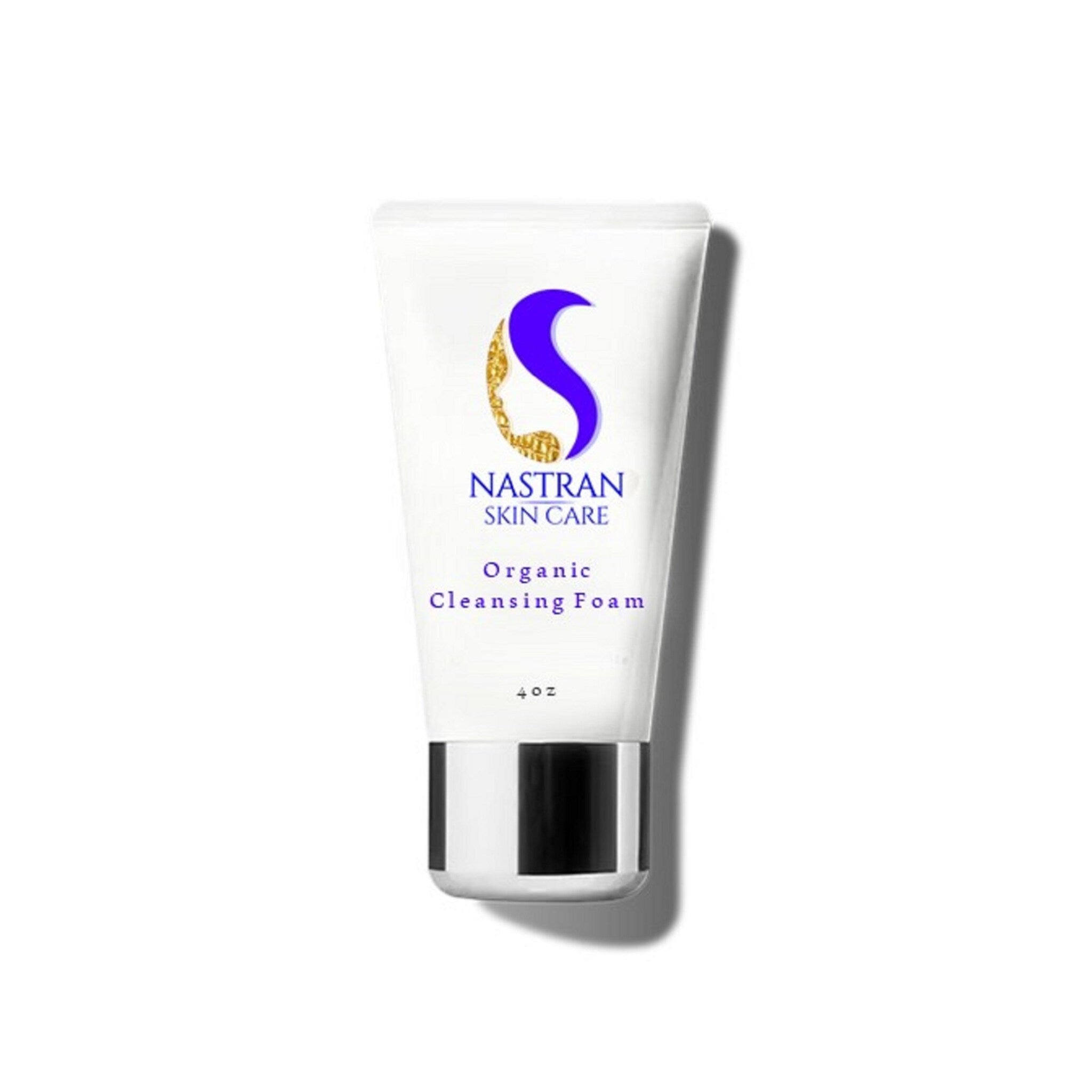 Facial cleanser tube with white, black, and blue colors, Nastran Skin Care brand shown