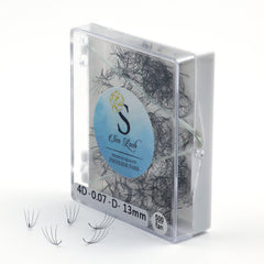 Promade fans in clear plastic box with Sen Lash label, black lashes, white background