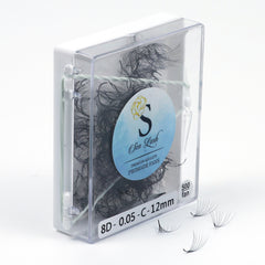 Premade volume eyelash extensions, black synthetic fiber, in clear plastic case, Sen Lash label