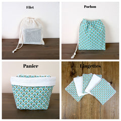 Close-up of bamboo fiber makeup remover wipes in assorted sizes with textured cotton weave and eco-friendly pouch