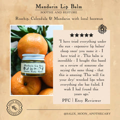 Mandarin Lip Balm jar with orange fruit, glass jar, and SALIX MOON Apothecary logo