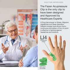Acupressure clip, green plastic, shown on hand, with doctor and patient in background