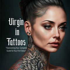 Close-up of tattooed hand applying soothing white lotion with circular motions