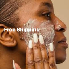 Skin care mask on face, beige mask texture, hand applying, "Free Shipping" text visible