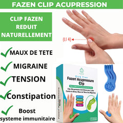 Acupressure clip, blue and green plastic, used on hand for pain relief, Fazen brand