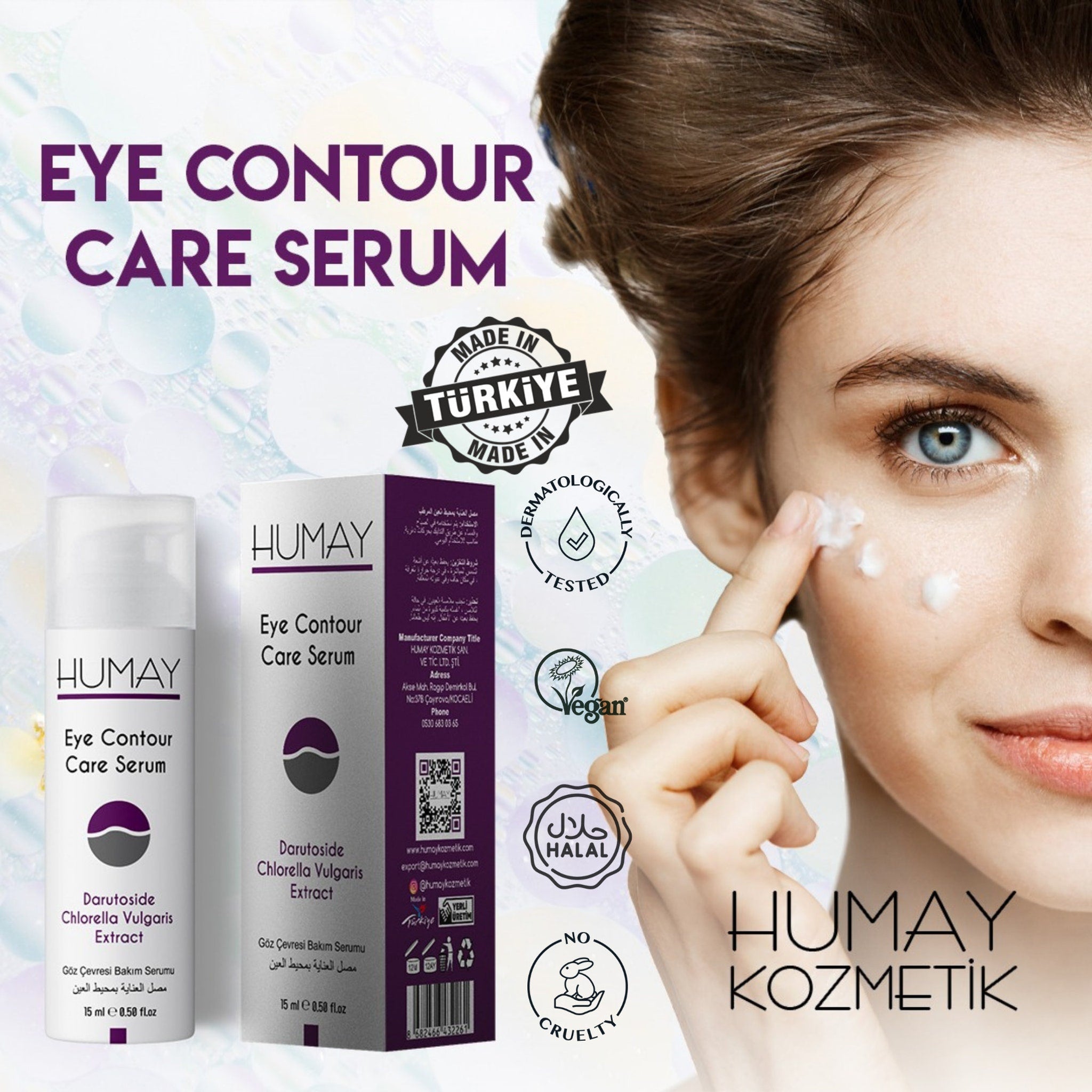 Eye contour care serum with white bottle and woman applying cream, Humay brand
