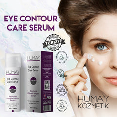 Eye contour care serum with white bottle and woman applying cream, Humay brand
