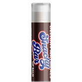 Lip balm tube with brown, white, and blue label, Delight Naturals Snacky Bar text visible