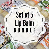 Lip balm bundle with assorted colorful patterned tubes and text "Set of 5 Lip Balm Bundle