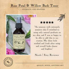 Facial toner bottle with black cap, clear liquid, and Salix Moon Apothecary label, surrounded by flowers