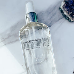 Cucumber & Green Tea Toner in clear glass bottle with silver sprayer, BotanicalGirlfriend label visible