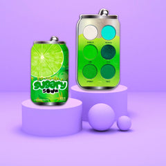Eyeshadow palette in soda can shape with green and silver colors, Sugary Soda brand name visible