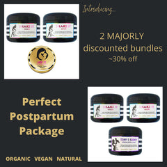 Postpartum skincare bundle with black jars, white striped labels, and "SHAKE IT" and "TINY & SHINY" text