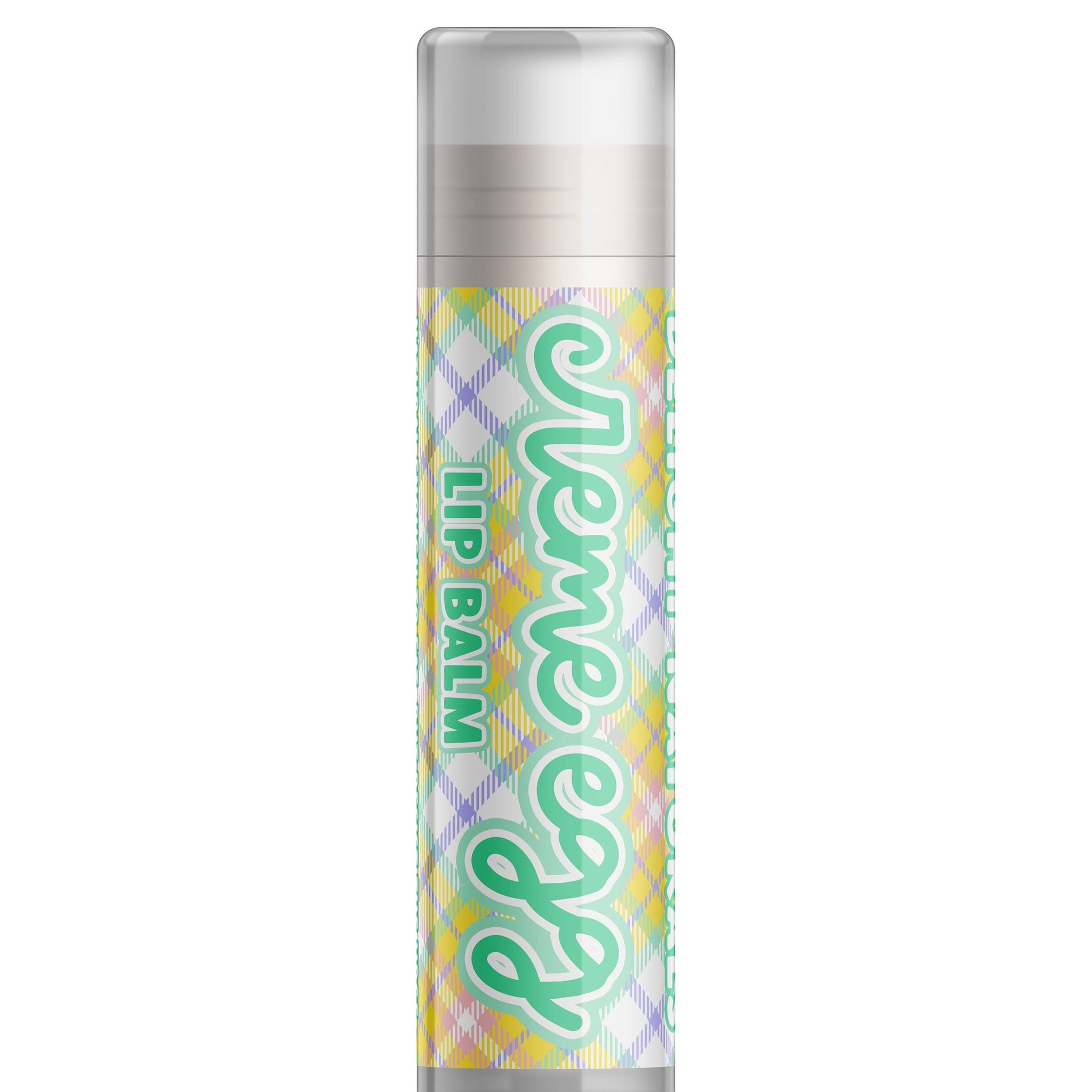 Lip balm tube with plaid pattern, mint green text, and clear cap, Delight Naturals brand