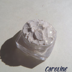 Eye shadow, white powder with gold sparkles, in clear jar, Caroline brand