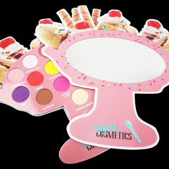 Makeup palette with pink, white, and colorful sprinkles, Sugary Cosmetics brand, with mirror shape