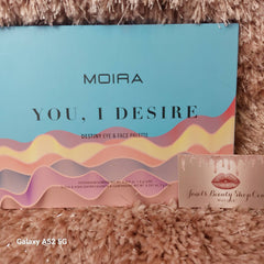 Eye & face palette with blue, pink, and yellow wave design, Moira brand name visible, Destiny palette