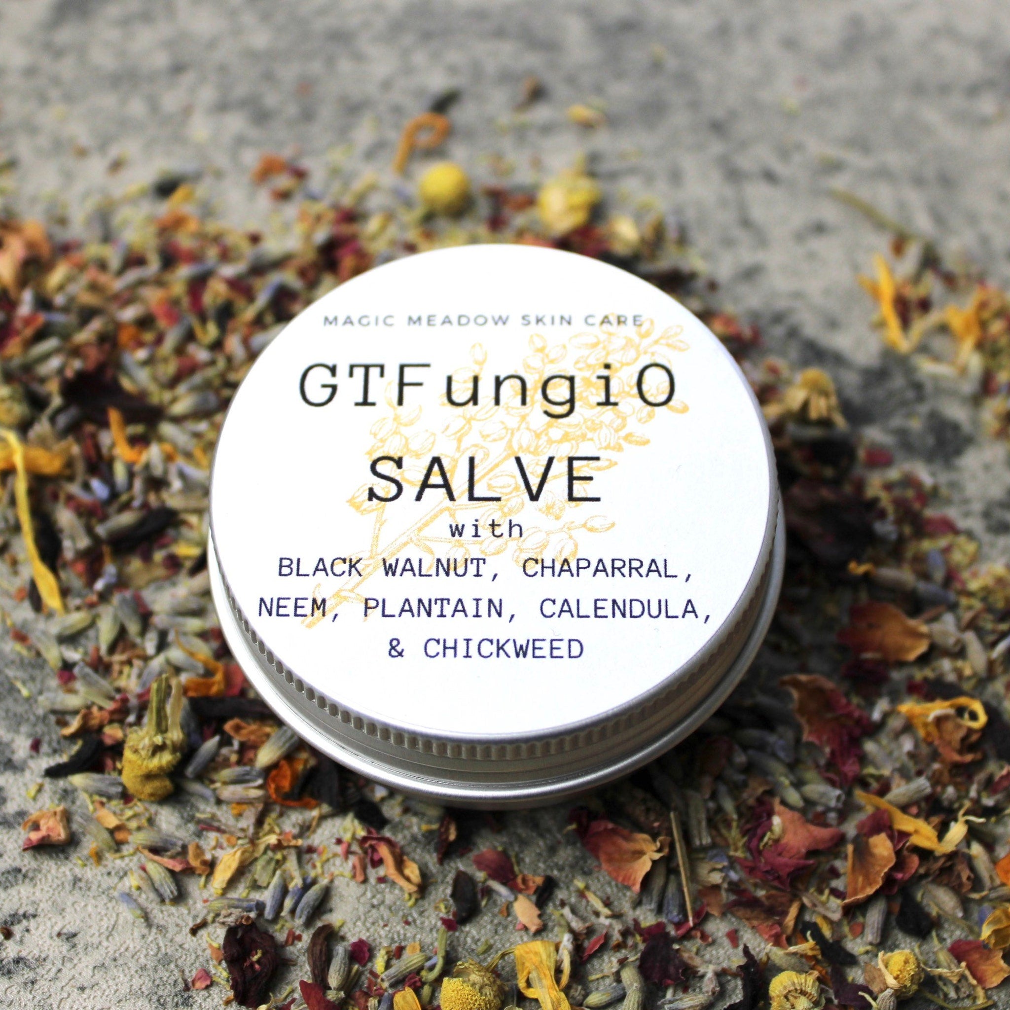 Salve with GTFungiO label, round silver tin, surrounded by colorful dried herbs and flowers