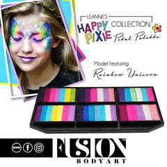 Face paint palette with rainbow colors, black tray, and Fusion Body Art logo