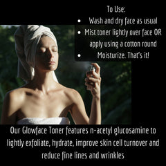 Toner misting on face with white towel, Glowface Toner bottle, and instructions
