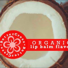 Lip balm flavor oil, coconut cross-section with brown outer shell, white interior, Butter Cress logo