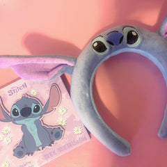 Eye makeup palette with Stitch design, blue and pink headband, ViridianaXoCosmetics brand
