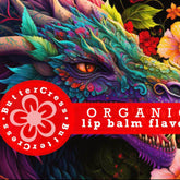 Lip balm flavor oil with colorful dragon illustration, red text, and ButterCress logo
