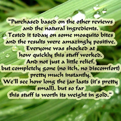 Green leaf with text, water droplets, and light yellow text bubbles, showing a review
