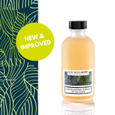 Exfoliating toner bottle with black cap, frosted glass, and LeafSeedBerry label